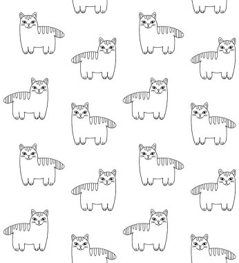 Beyaz arkaplanda izole edilmiş el çiziminin vektörsüz deseni çizim kedisi