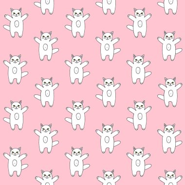 Beyaz elin vektör deseni çizilmiş çizim kedisi pastel pembe arka planda izole edilmiş.