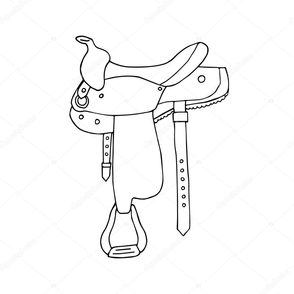 Vector hand drawn doodle sketch western cowboy equestrian horse saddle isolated on white background