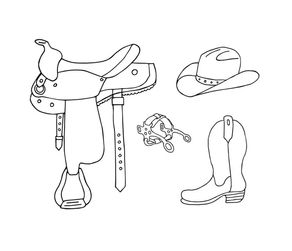 白い背景に隔離された手描きのドアスケッチ西カウボーイ機器のベクトルセットバンドル サドル ブーツ 帽子のイラスト — ストックベクタ