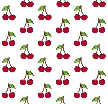 El çiziminin pürüzsüz deseni beyaz arkaplanda izole edilmiş renkli kiraz çilekleri çizimi