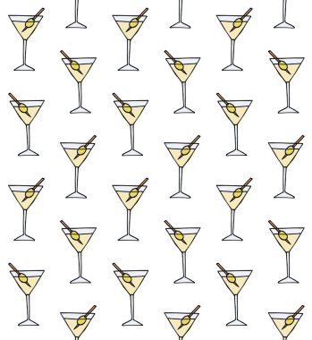 El çiziminin kusursuz çizimi. Beyaz arka planda izole edilmiş renkli martini kokteyli.