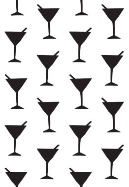 Şarap ikonsVector 'un vektör çizimi. Siyah karalamanın kusursuz deseni. Beyaz arka planda izole edilmiş martini kokteyli silueti. 