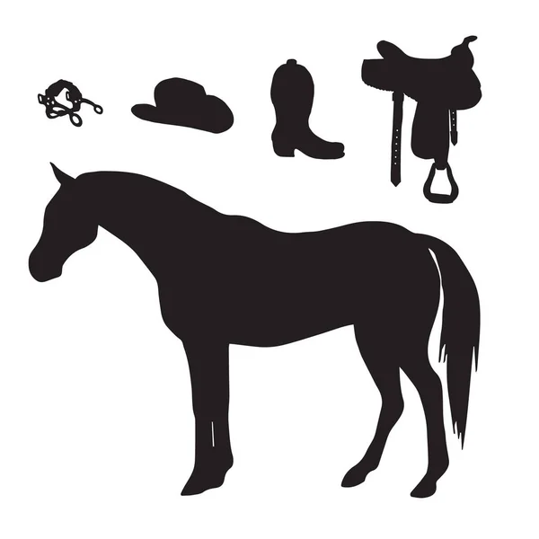 Vector Caballo Negro Equitación Vaquero Occidental Equipo Silueta Conjunto Aislado — Archivo Imágenes Vectoriales