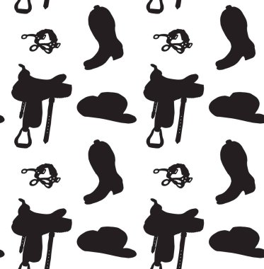 Beyaz arka planda izole edilmiş batılı kovboy binicilik ekipmanları siluetinin kusursuz çizimi.