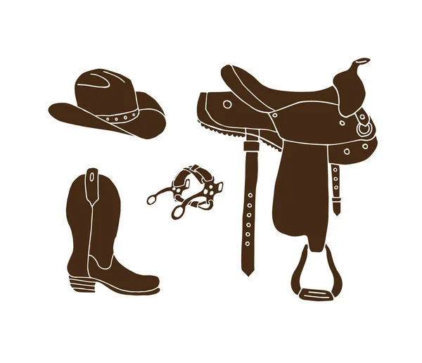 Accessoires Cow Boy Illustration Vectorielleensemble Vectoriel Faisceau Croquis Doodle Brun — Image vectorielle