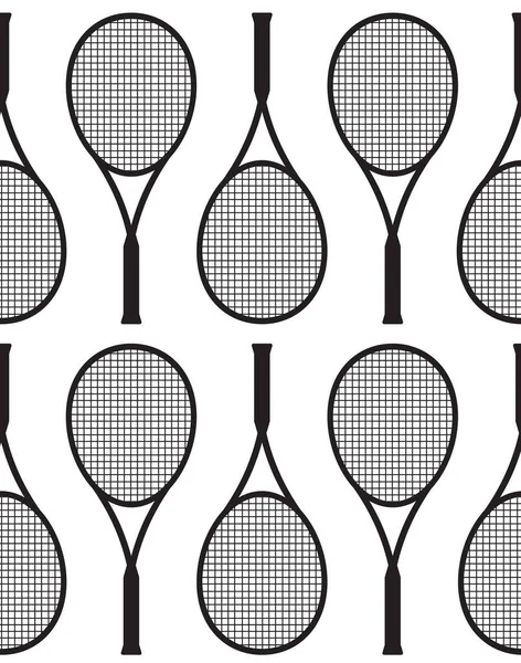 网球拍和球拍矢量黑平网球拍轮廓在白色背景上隔绝的矢量无缝图案 — 图库矢量图片