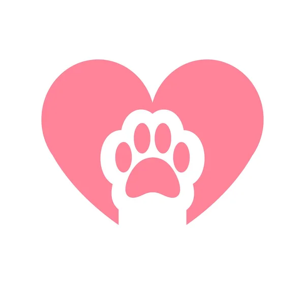 Beyaz arka planda izole edilmiş kalp içinde vektör düz çizgi film pembe kedi pençesi ayak izi