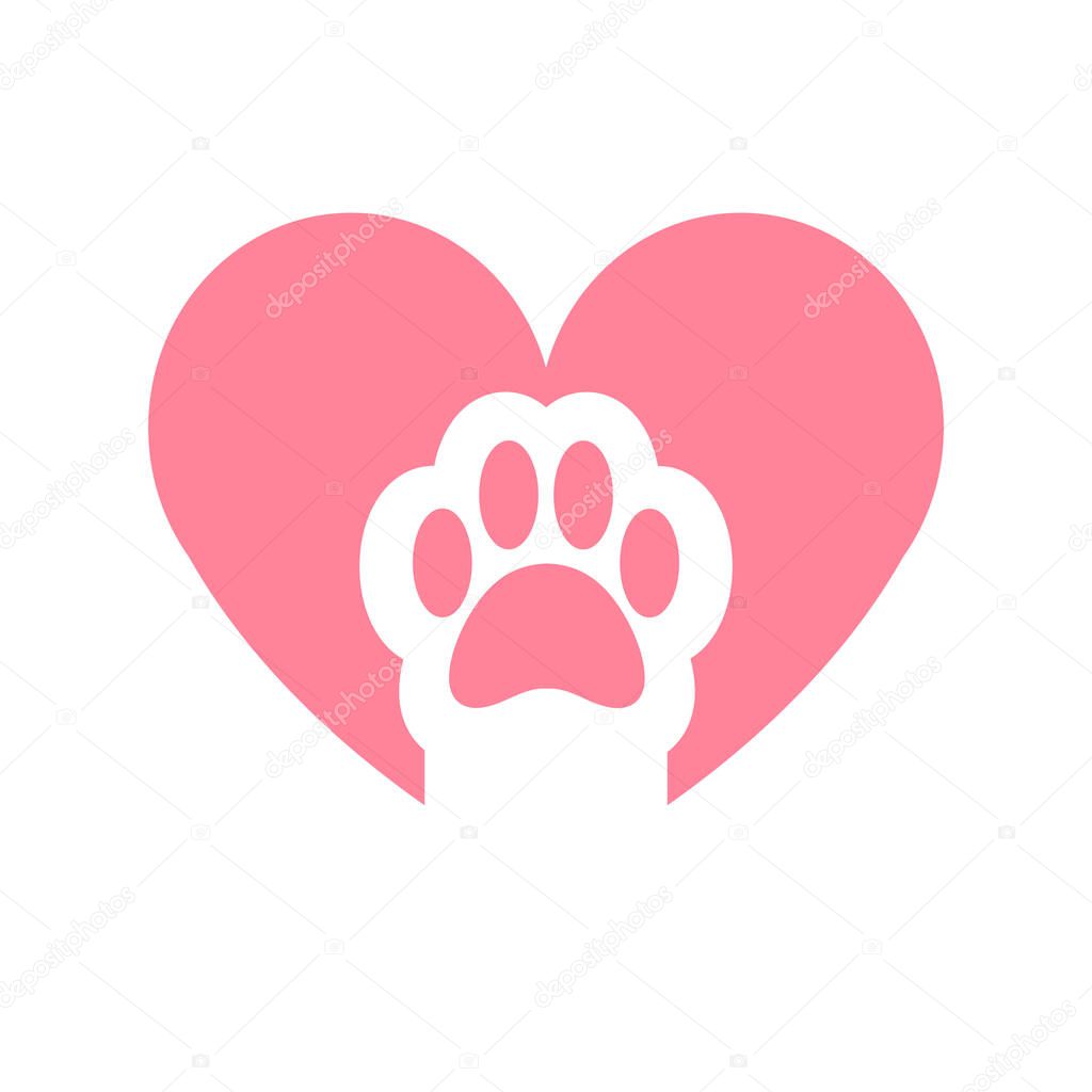 Vector flat cartoon pink animal cat paw foot print in heart isolated on white background