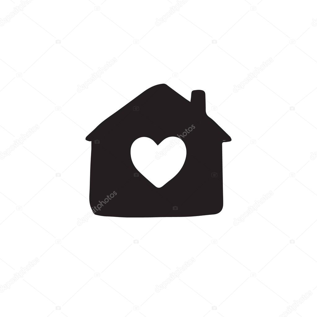 Vector black hand drawn doodle sketch house with heart icon isolated on white background