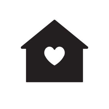 Beyaz arkaplanda kalp simgesi izole edilmiş siyah karikatür ev silueti