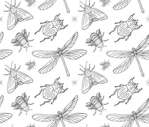 白地に隔離された手描きのドアスケッチ昆虫のベクトルシームレスパターン — ストックベクタ