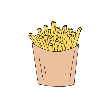 Vektör el çizimi. Beyaz arka planda izole edilmiş renkli patates kızartması çizimi.