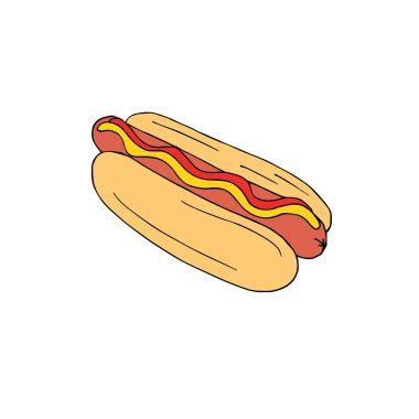 Vektör eli çizilmiş karalama çizimi renkli sosisli sandviç