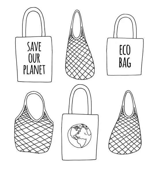 Conjunto de vectores de diferentes bosquejos eco bag — Vector de stock