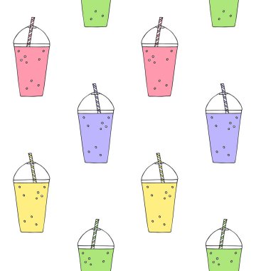 Farklı renkte çizilmiş farklı el çizimlerinin vektörsüz deseni beyaz arka planda izole edilmiş buzlu içecek.