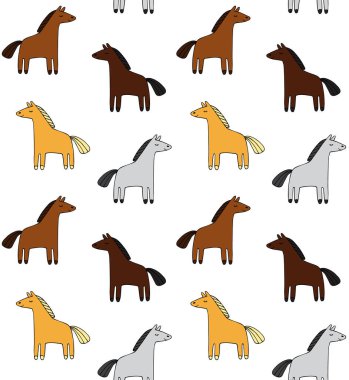 Beyaz arkaplanda izole edilmiş renkli el çizimi çizim atının vektörsüz deseni