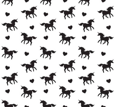 Beyaz arkaplanda izole edilmiş tek boynuzlu at siluetinin vektörsüz deseni