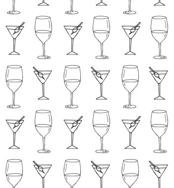 El çiziminin kusursuz şekli beyaz arka planda izole edilmiş martini ve şarap kadehi.