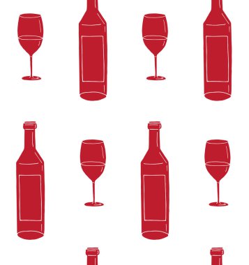 Kırmızı elin vektörsüz deseni çizilmiş karalama çizimi şarap şişesi ve beyaz arka planda izole edilmiş cam.