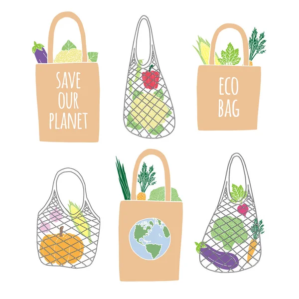 Conjunto Vectores Paquete Coloreado Dibujado Mano Doodle Bosquejo Eco Bolsas — Vector de stock