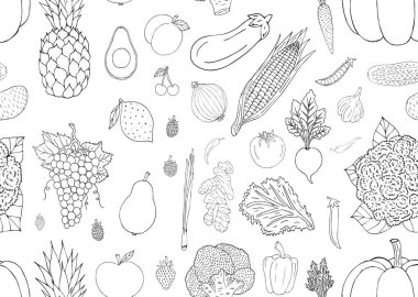 Elle çizilmiş meyve ve sebzeli vektörsüz desen.