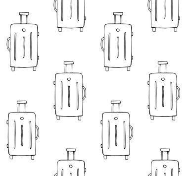 El çiziminin kusursuz şablonu beyaz arkaplanda izole edilmiş bavul çizimi, seyahat çantası.