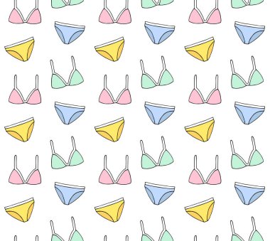 Renkli el çiziminin vektörsüz deseni beyaz arkaplanda izole edilmiş kadın mayo bikinisi çizimi