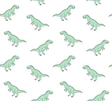 El çiziminin kusursuz çizimi. Beyaz arka planda izole edilmiş yeşil renkli Tyrannosaur Rex dinozoru.