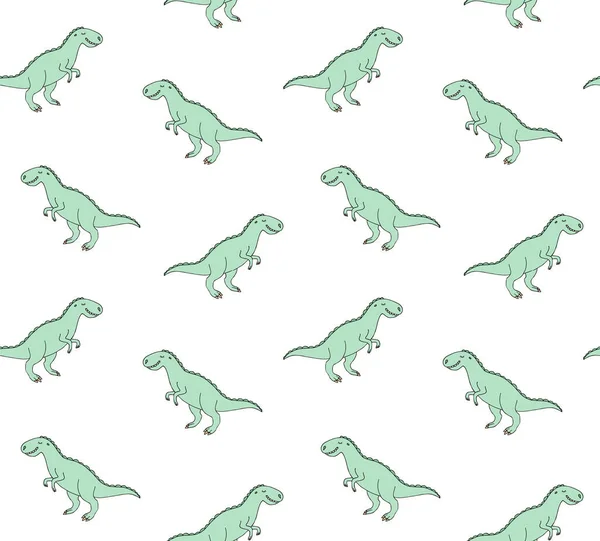 手描きのベクトルシームレスなパターンドアスケッチ緑の色のティラノサウルスのレックスの恐竜は白い背景に隔離された — ストックベクタ