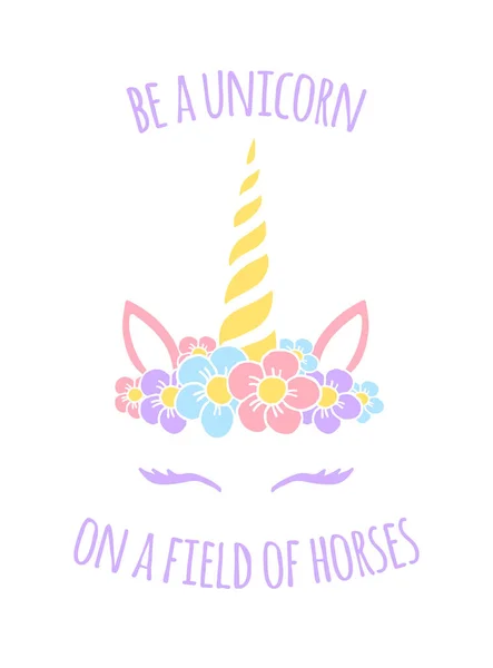 Vector Pastel Hand Drawn Doodle Unicorn Floral Face Quote Print — Stock Vector
