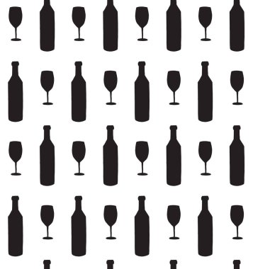 Beyaz arka planda izole edilmiş şarap şişesi ve cam silueti.