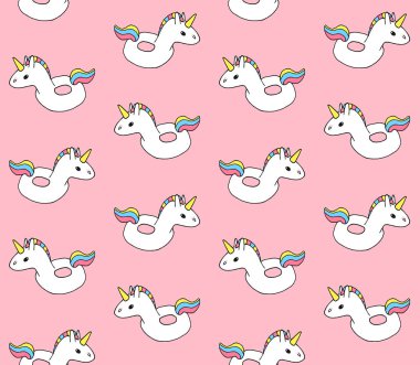 El çiziminin kusursuz deseni. Tek boynuzlu at yaz lastiği yüzme halkası pembe arka planda izole edilmiş.