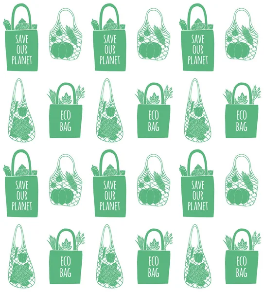 Vector seamless pattern of green eco bags — Stock Vector