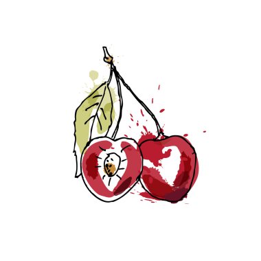 Kiraz, sulu boya ve boya mürekkeple çizim beyaz arka plan üzerinde su sıçramalarına. Ve