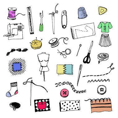 Elle çizilmiş kroki dikiş seti ile beyaz arka plan üzerinde izole dikiş araçları siluet