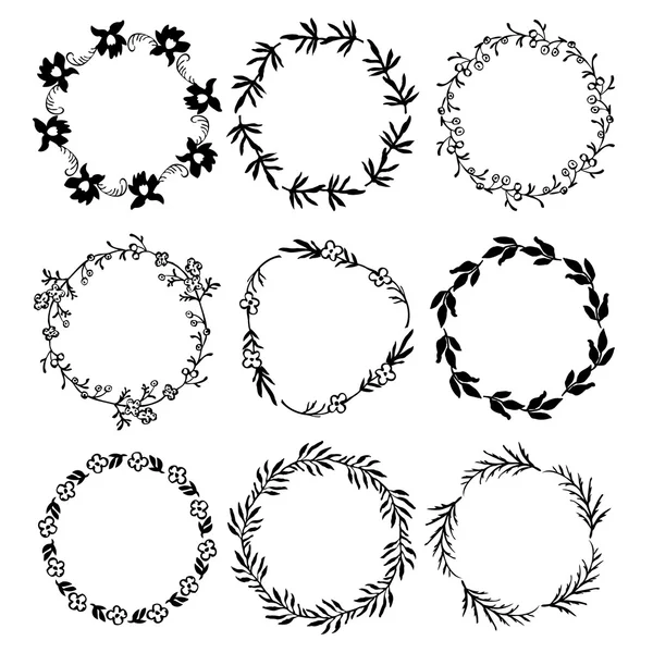 9 cadres floraux ronds à l'encre — Image vectorielle