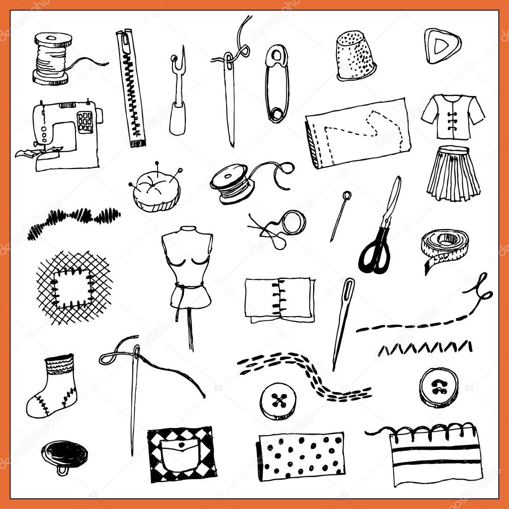 Hand drawn sketch sewing set with sewing tools silhouette isolated on white background