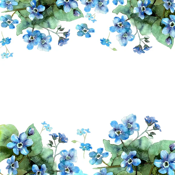 Cute watercolor flower border. Background with blue watercolor forget me nots.