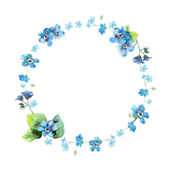 Cute watercolor circular flower frame. Background with watercolor forget me nots