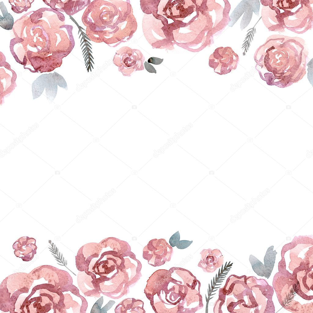 Cute watercolor flower border with pink roses. Invitation. Wedding card. Birthda
