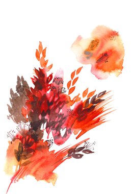 Suluboya el soyut sonbahar yaprakları kırmızı ve turuncu renklerde boyanmış. Invit