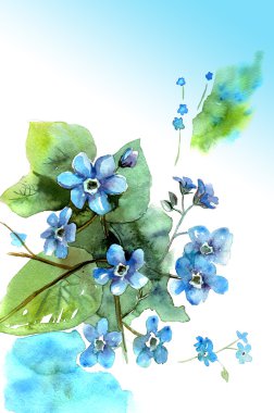 Mavi zemin üzerine suluboya el çekilmiş unutma. Çiçek doğum günü kartı.