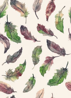 Sulu Boya Dikişsiz el çizilmiş desen tüyler yeşil, pembe ve kahverengi işbirliği ile