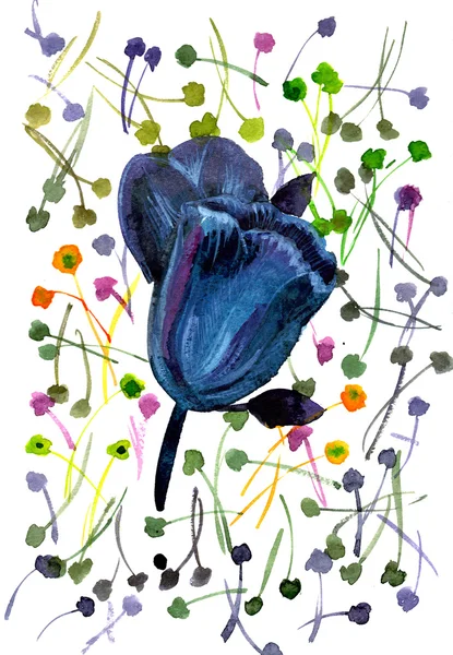 Akvarell handmålad illustration med svarta tulpaner på flerfärgad bakgrund — Stockfoto