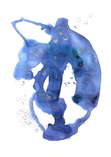 Aquarelle dessinée à la main tache abstraite bleue avec des éléments acryliques argent . — Photo