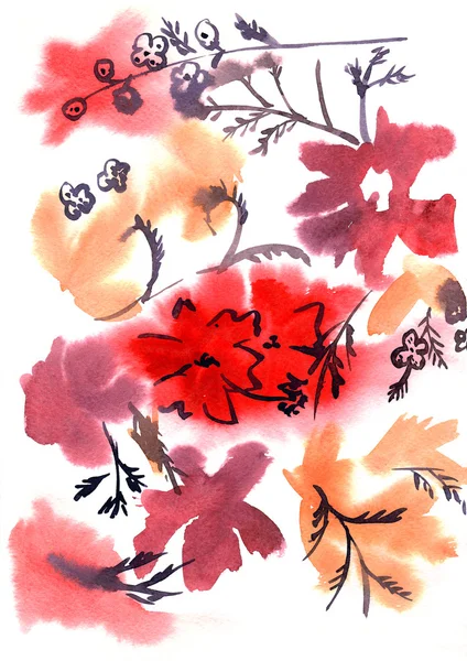 Abstract red painting with flowers. Greeting card — Stock fotografie