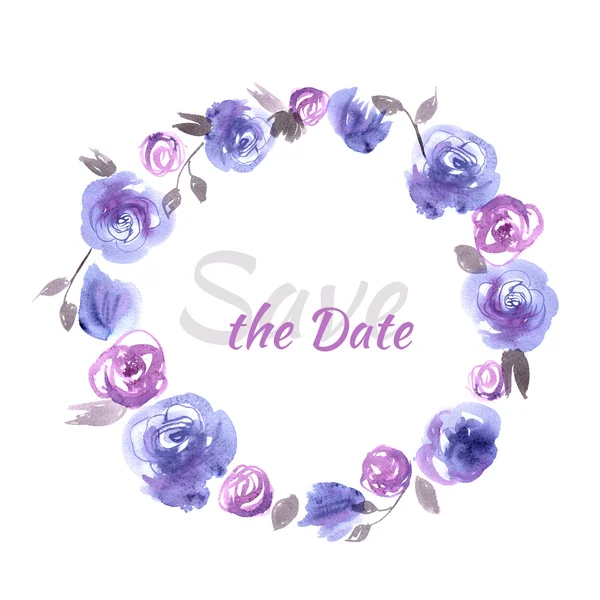 Cartão de casamento pintado à mão salvar a data com flores aquarela rosas azuis — Fotografia de Stock