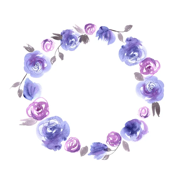 Niedlichen Aquarell Blume Kreis Rahmen mit blauen Rosen. Einladung. Hochzeitskarte. b — Stockfoto