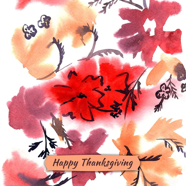 Happy thanksgiving watercolor greeting card with red flowers and orange autumn l — Stock Photo, Image